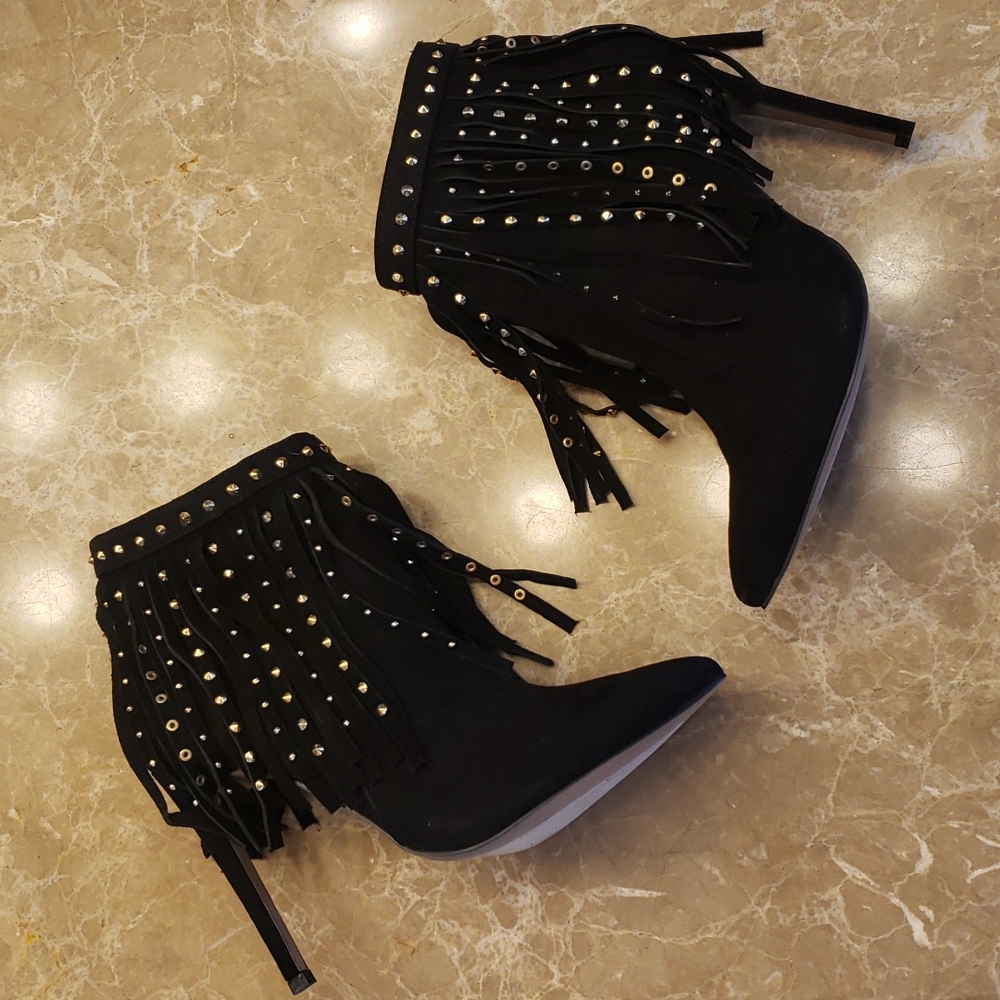 Express black micro suede cowhide fringed w gold-embellished ankle booti… - Picture 4 of 16